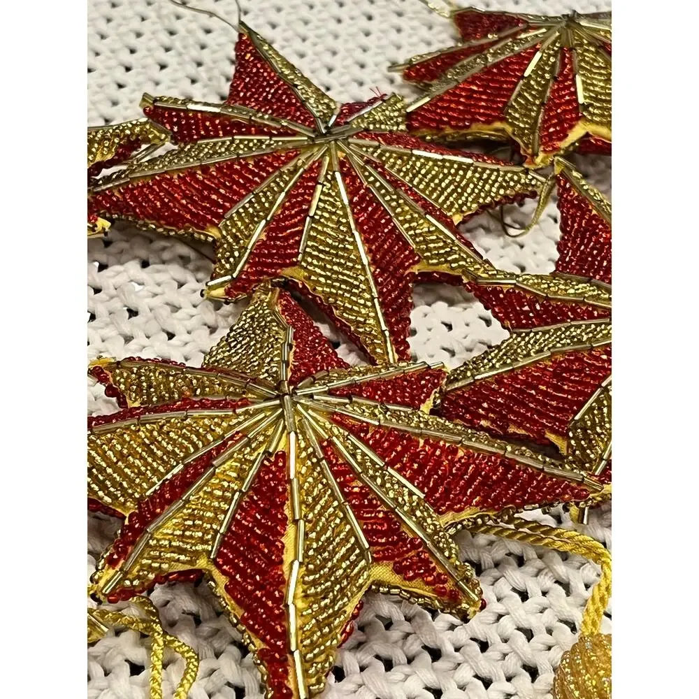 Vintage Art Deco Beaded Star Tassel Christmas Ornaments Gold Red Sparkles Set